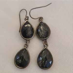 Double Teardrop Metal and Gem Look Dangle Earrings